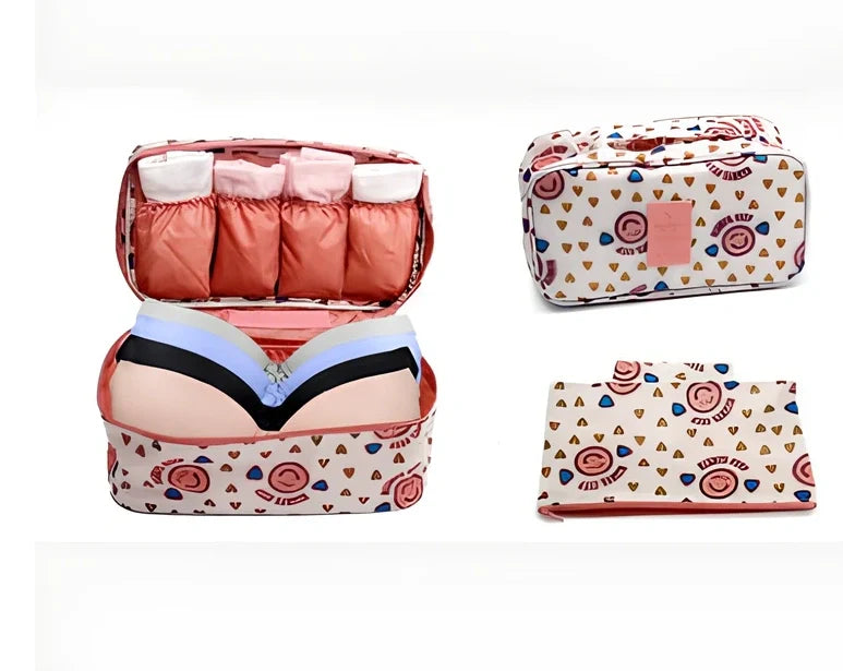 Compact travel underwear organizer in navy blue, 28cm x 14cm x 14.5cm with mesh pockets for packing