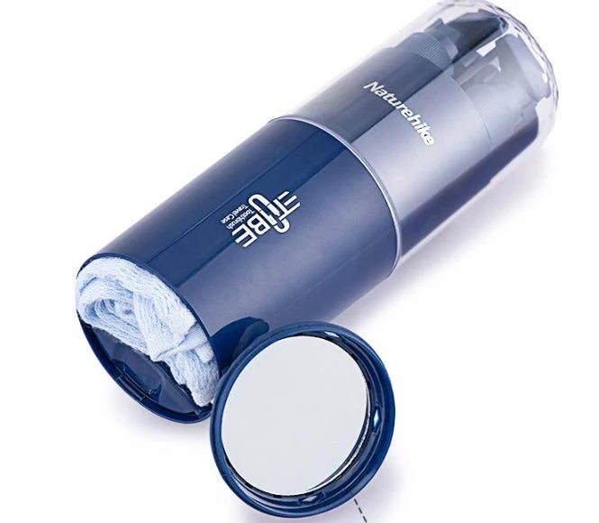 Multifunctional wash cup set includes two bottles, one cup, mirror, and comb for organized grooming