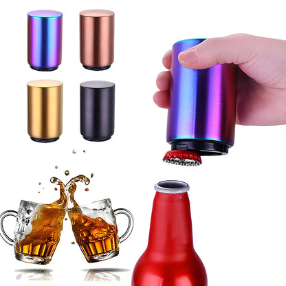 Stainless steel automatic press bottle opener with titanium-plated finish showing press mechanism and textured handle