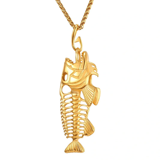 316L stainless steel fish bone necklace with gold plating, available in golden, steel color, and black