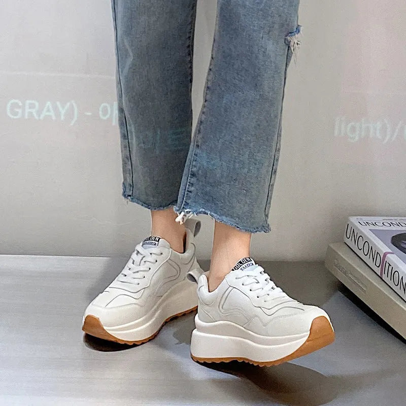Women's beige cattlehide leather casual sports shoes with mesh lining, cross strap, and English muffin heel