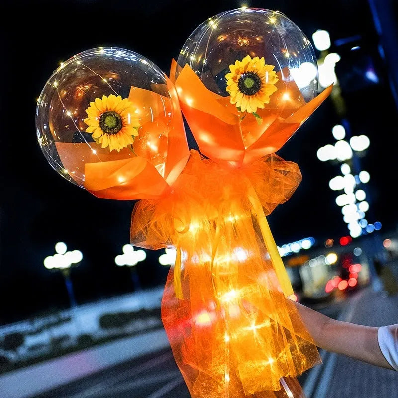 Transparent LED luminous balloon rose bouquet with artificial flowers and illuminated lights