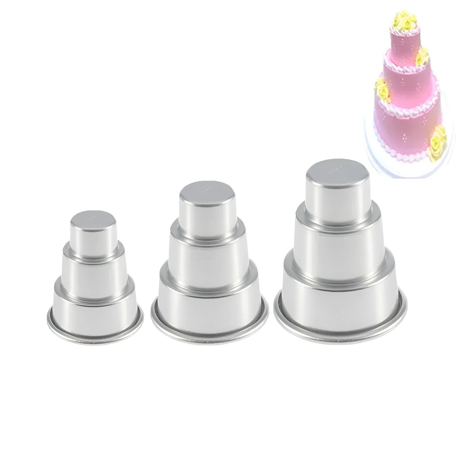 Silver aluminium alloy cake mould set with three graduated sizes for baking