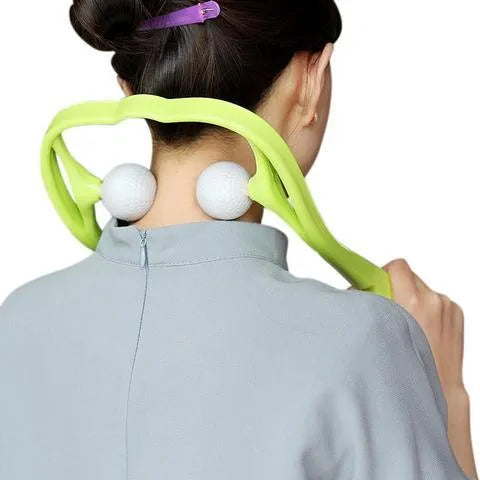 Plastic swan-shaped neck massager in pink, blue, or green with adjustable width and 3D floating-point rollers