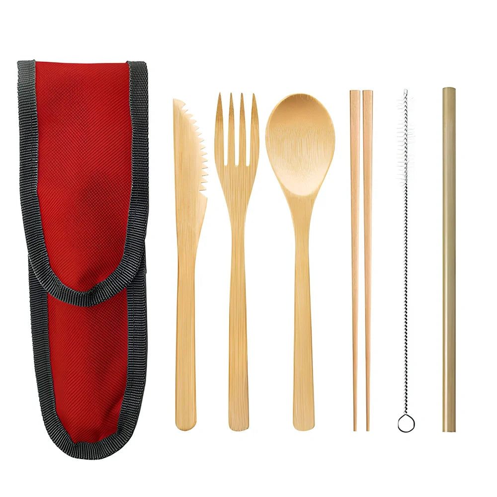 Bamboo cutlery set with 20cm utensils, stainless steel straw and cleaning brush in natural colour