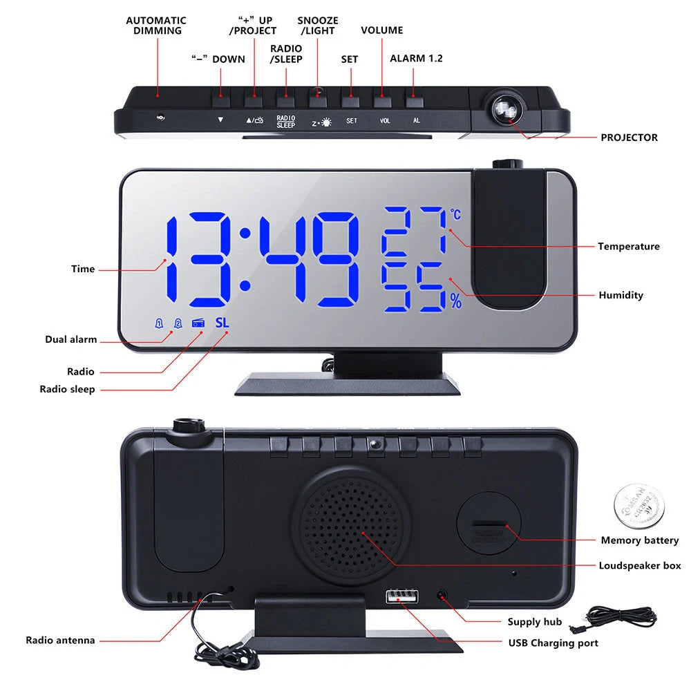 Multifunctional Radio Projection Alarm Clock with adjustable brightness and USB charging port
