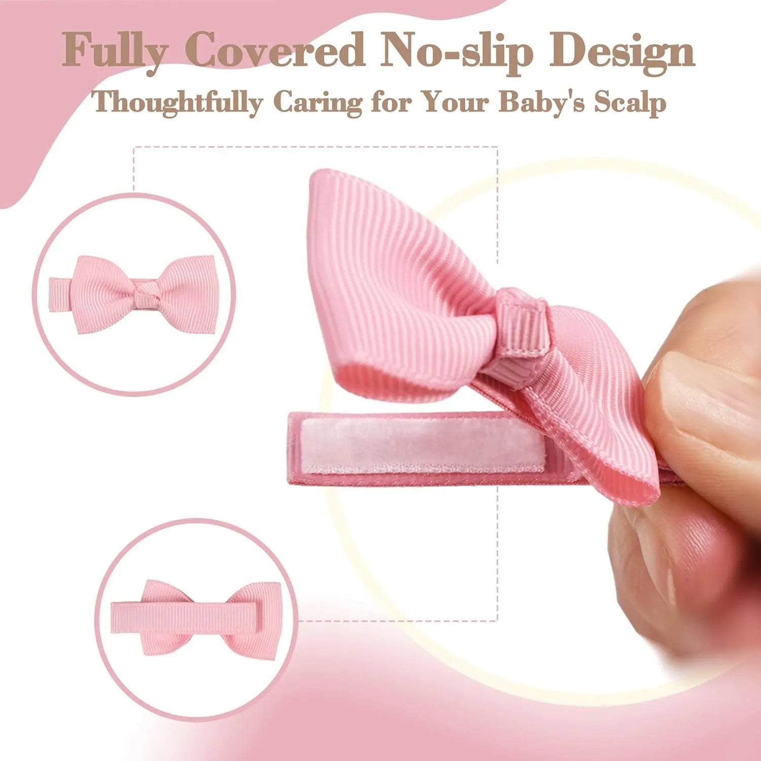 Assortment of pastel-coloured baby hair clips and bows arranged on a white background.