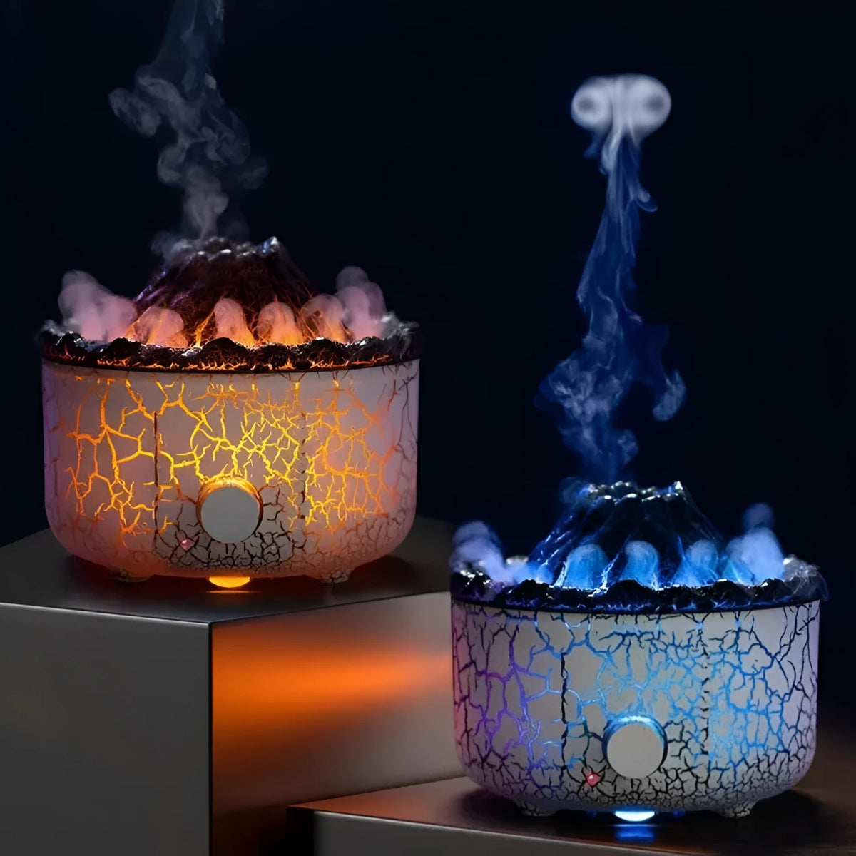 Volcanic humidifier with LED flame effect and mist spray on tabletop