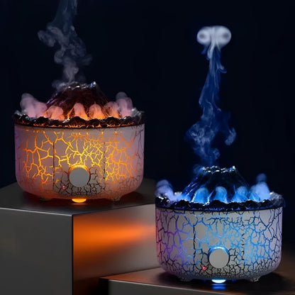Volcanic humidifier with LED flame effect and mist spray on tabletop