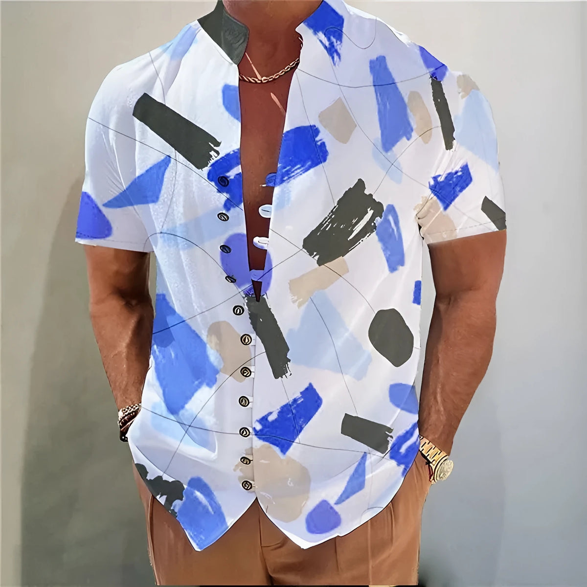 Youth wearing geometric floral print short sleeve cardigan shirt in chemical fibre blend fabric