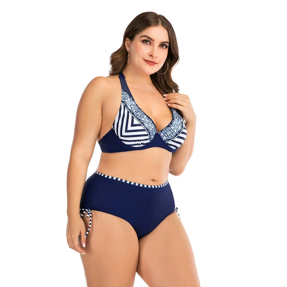 Dark blue plus size bikini with backless design for swimming activities