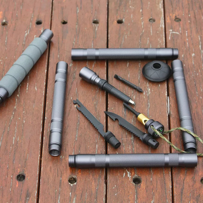 Aluminum alloy walking stick with integrated survival knife and tools for outdoor survival