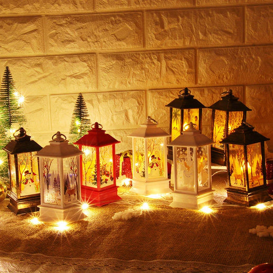 Festive LED Christmas lanterns with Santa Claus, snowman, and other holiday-themed designs