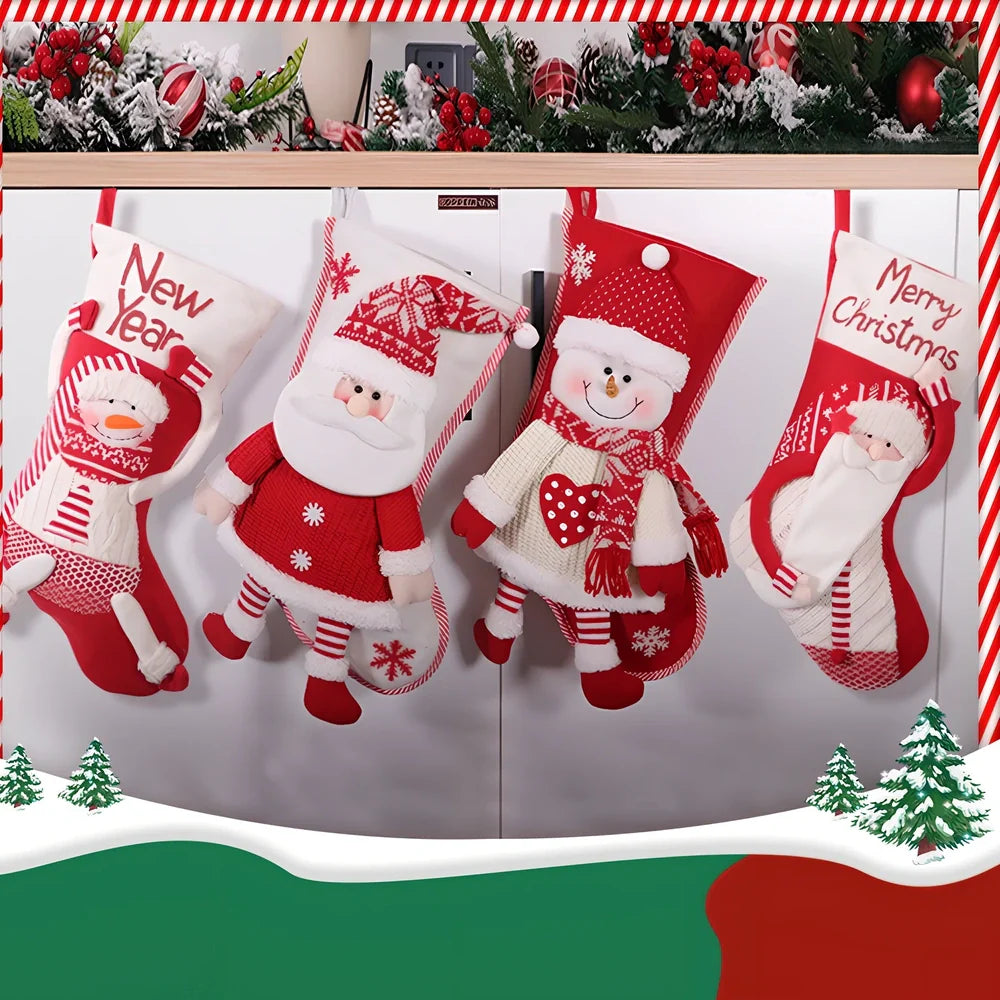 Red and white Christmas stocking measuring 45cm by 26cm with elderly-themed design for gift storage
