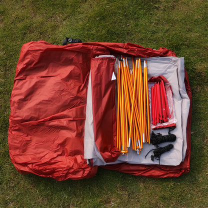 Grey outdoor camping tent with aluminium poles and waterproof fabric for multiple occupants