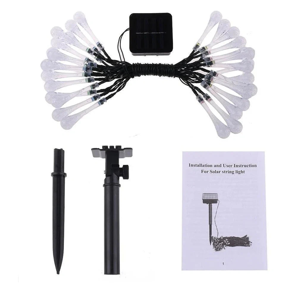 Water Drop Fairy LED solar garden lights with crystal-shaped beads on 4.8m string
