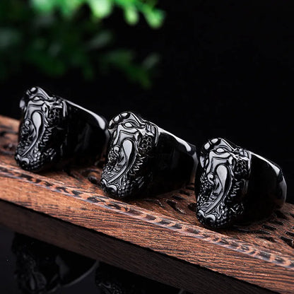 Natural gold sheen obsidian Pixiu thumb ring for men in alloy setting