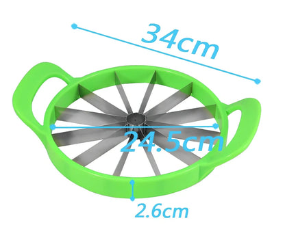 Green watermelon slicer with stainless steel blades and plastic handles for cutting melons