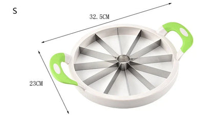 Premium stainless steel watermelon slicer with non-slip handles for easy, effortless cutting and slicing of watermelons up to 8.1 inches in diameter