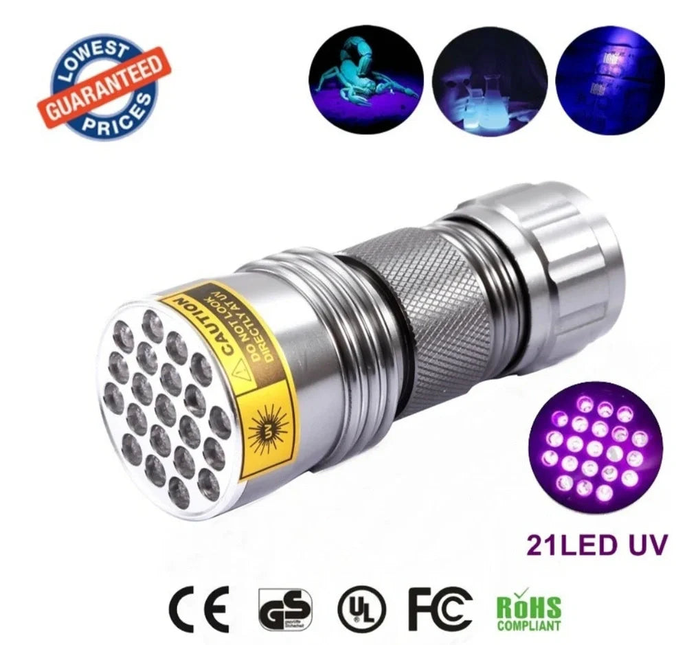 21 LED violet UV flashlight with aluminium body for counterfeit detection and professional inspections