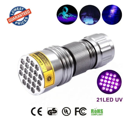21 LED violet UV flashlight with aluminium body for counterfeit detection and professional inspections