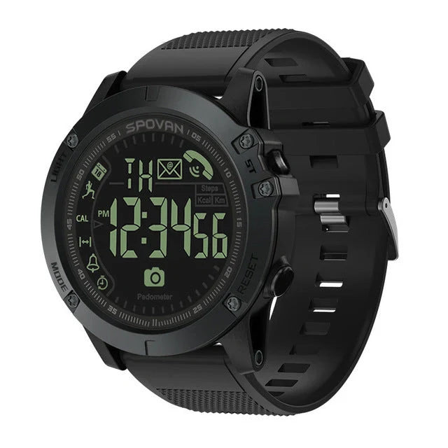 Waterproof round electronic fitness watch with step counter in blue, black, and red