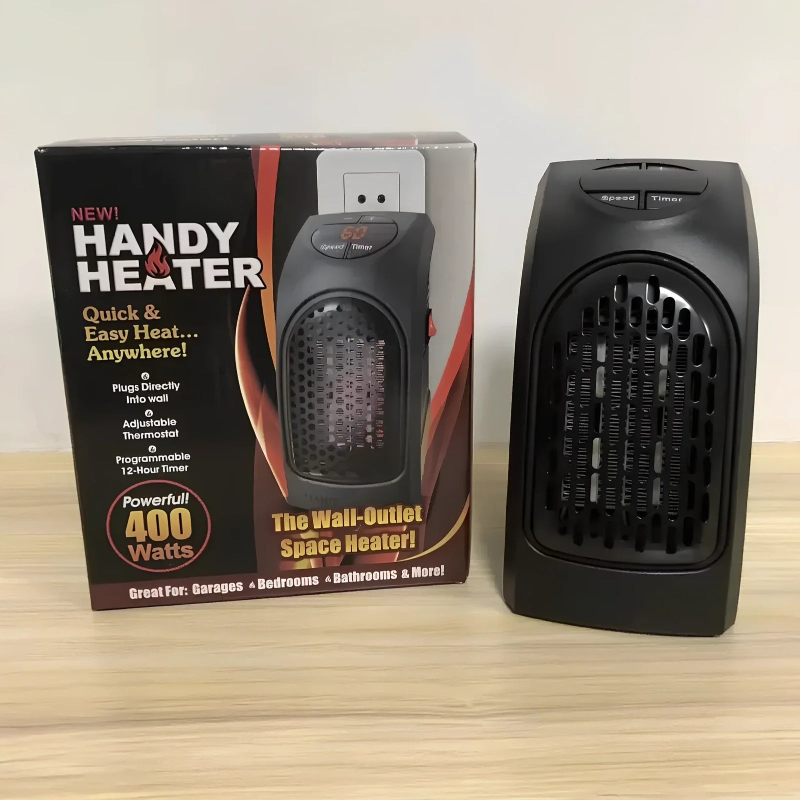 Compact white electric wall heater showing control buttons and ceramic heating element