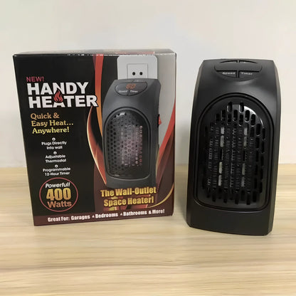 Compact white electric wall heater showing control buttons and ceramic heating element