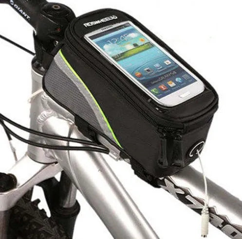 ROSWHEEL bicycle frame bag in black showing mounting on bike frame with iPhone inside