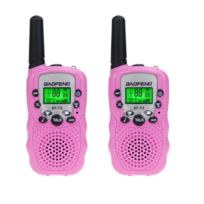 Two children's handheld walkie talkies in bright colours showing channel selector and antenna.