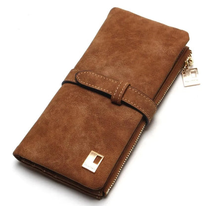 Korean-style retro matte leather long wallet in army green with zip closure and multiple interior card slots