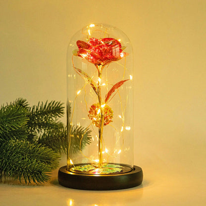 Enchanted Forever Rose in Glass LED Light Christmas Decoration with wooden base