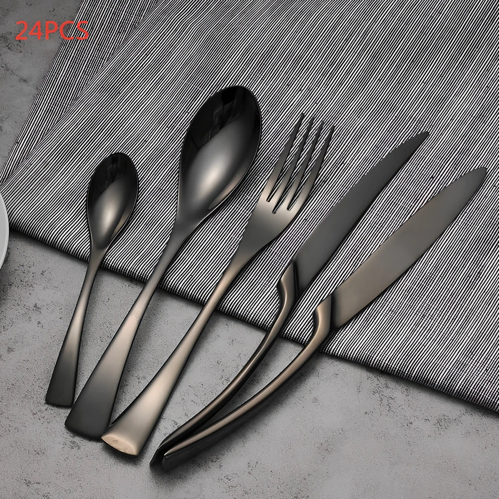 Four-piece black stainless steel cutlery set with mirror polishing showing fork, knife, coffee spoon, and soup spoon