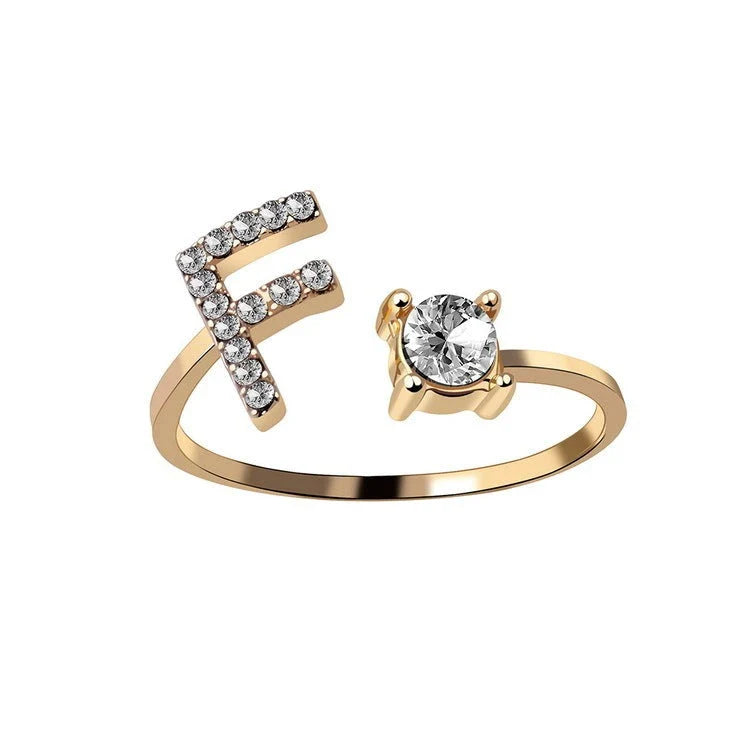 Personalized Initial Letter Adjustable Ring made of copper alloy and zircon, showcasing a vintage-inspired design