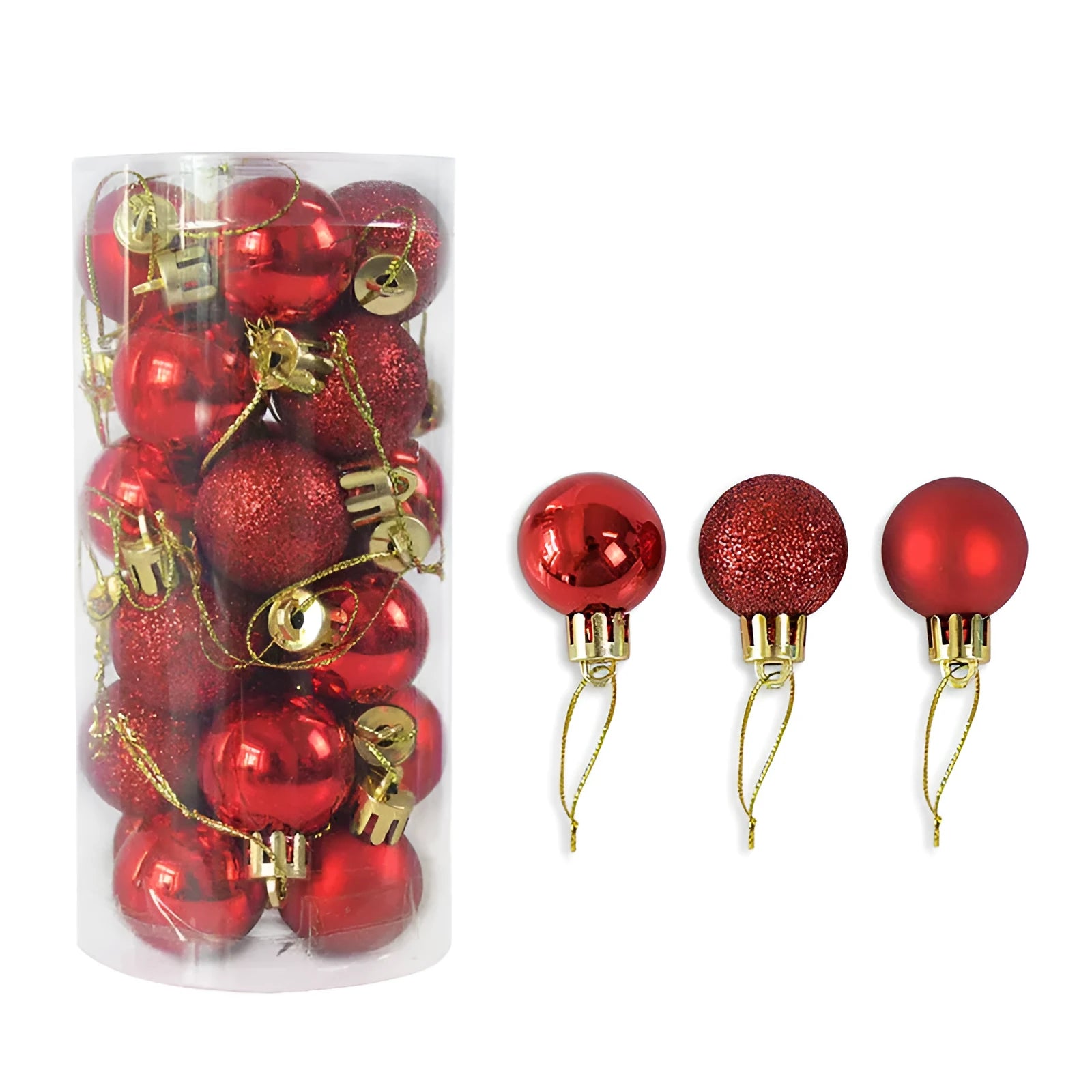 Assortment of 3cm diameter gold, red, silver, and blue barrel-shaped Christmas baubles with an electroplated finish.