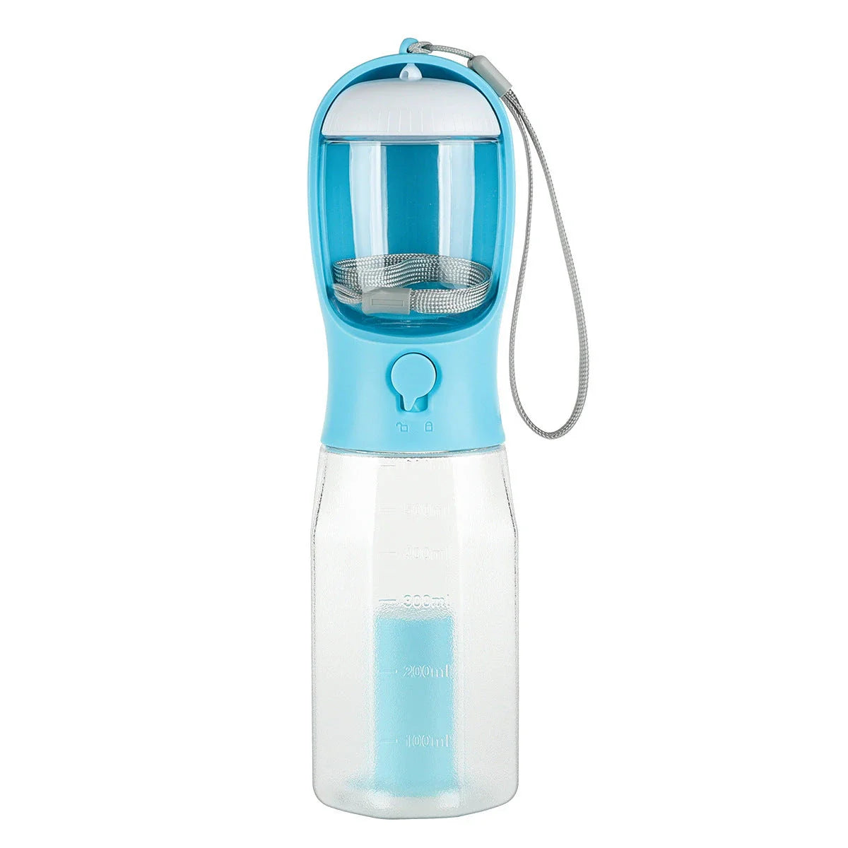 Multifunctional pet water bottle and feeder with poop dispenser in turquoise, pink, and white colors