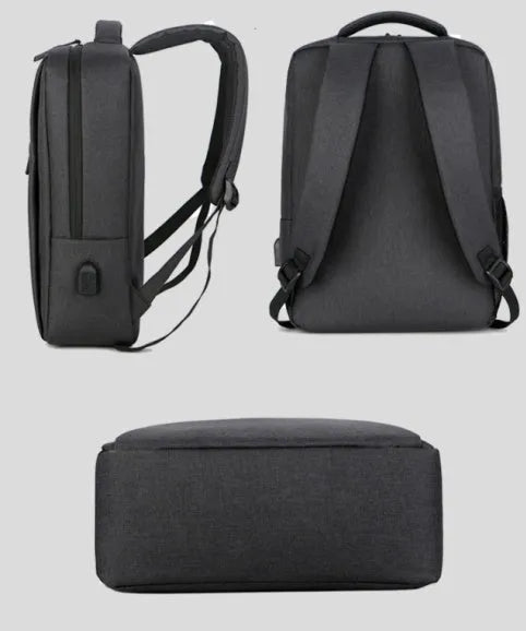 Rechargeable waterproof black Oxford cloth laptop backpack for a 15.6-inch computer.