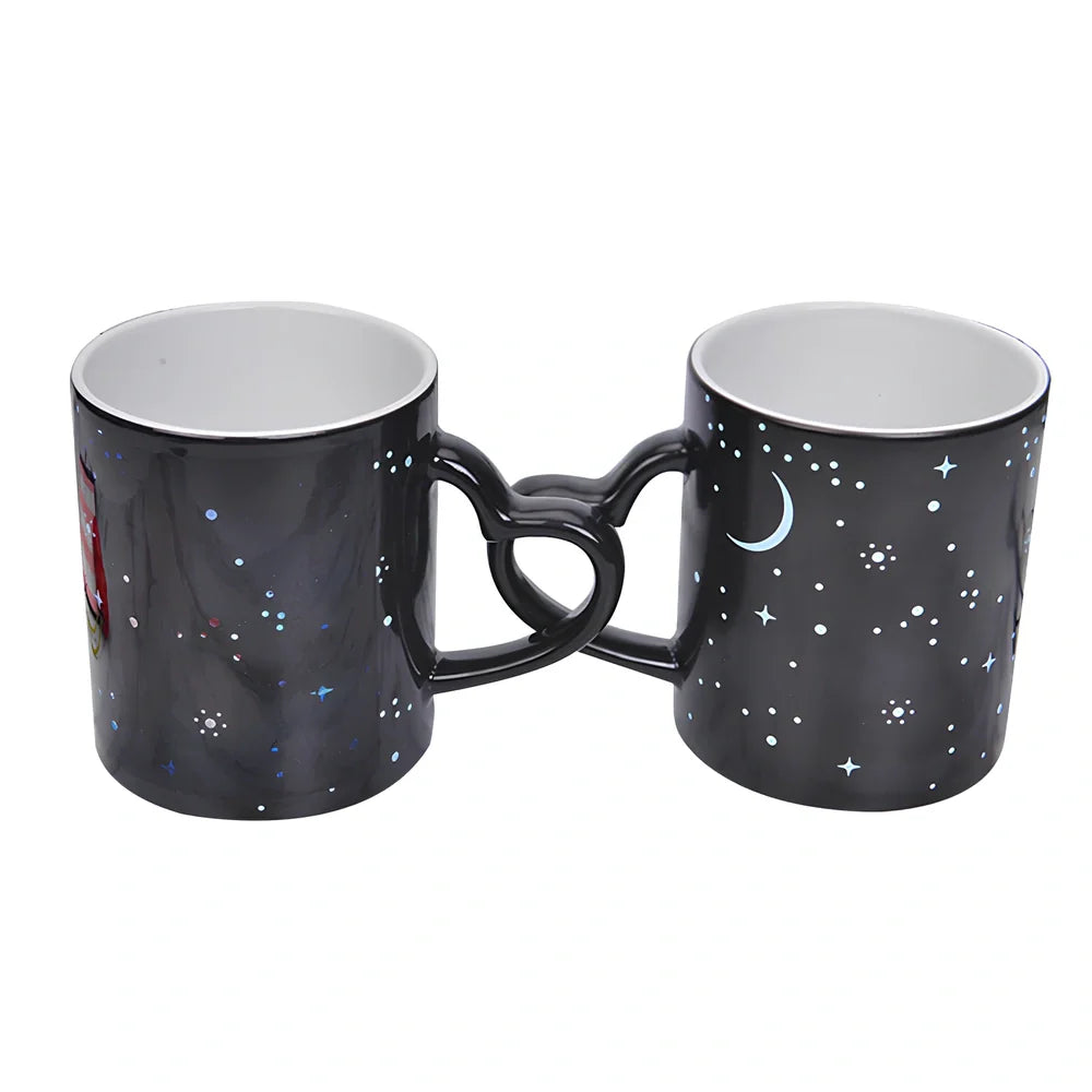 Ceramic colour change mug showing before and after transformation with hot liquid