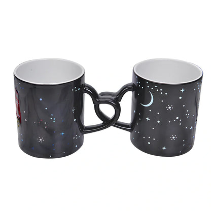 Ceramic colour change mug showing before and after transformation with hot liquid