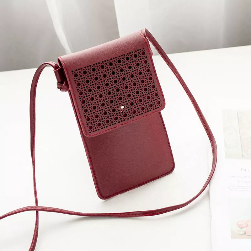 Cross body mobile phone bag with clear window and PU leather in multiple colors