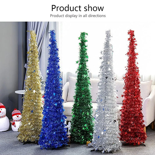 Collapsible artificial Christmas tree with sequin decorations in silver, green, gold, red, and blue options