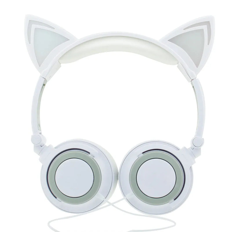 Cat ear headphones with LED lights on ears and cushions, rechargeable battery, 40mm speakers, 32Ω impedance, 1.5m cable with 3.5mm plug, available in black, blue, gray, green, pink, white and yellow