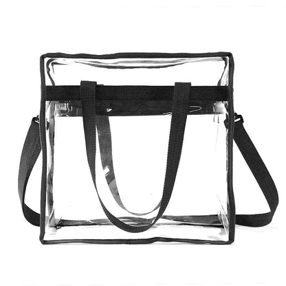 Women's PVC transparent shoulder messenger bag showing clear front panel with colour options and dual strap design