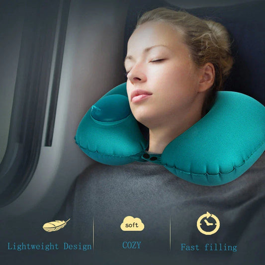Inflatable U-shaped travel pillow with built-in air valve for customizable comfort and neck support during flights and car travel