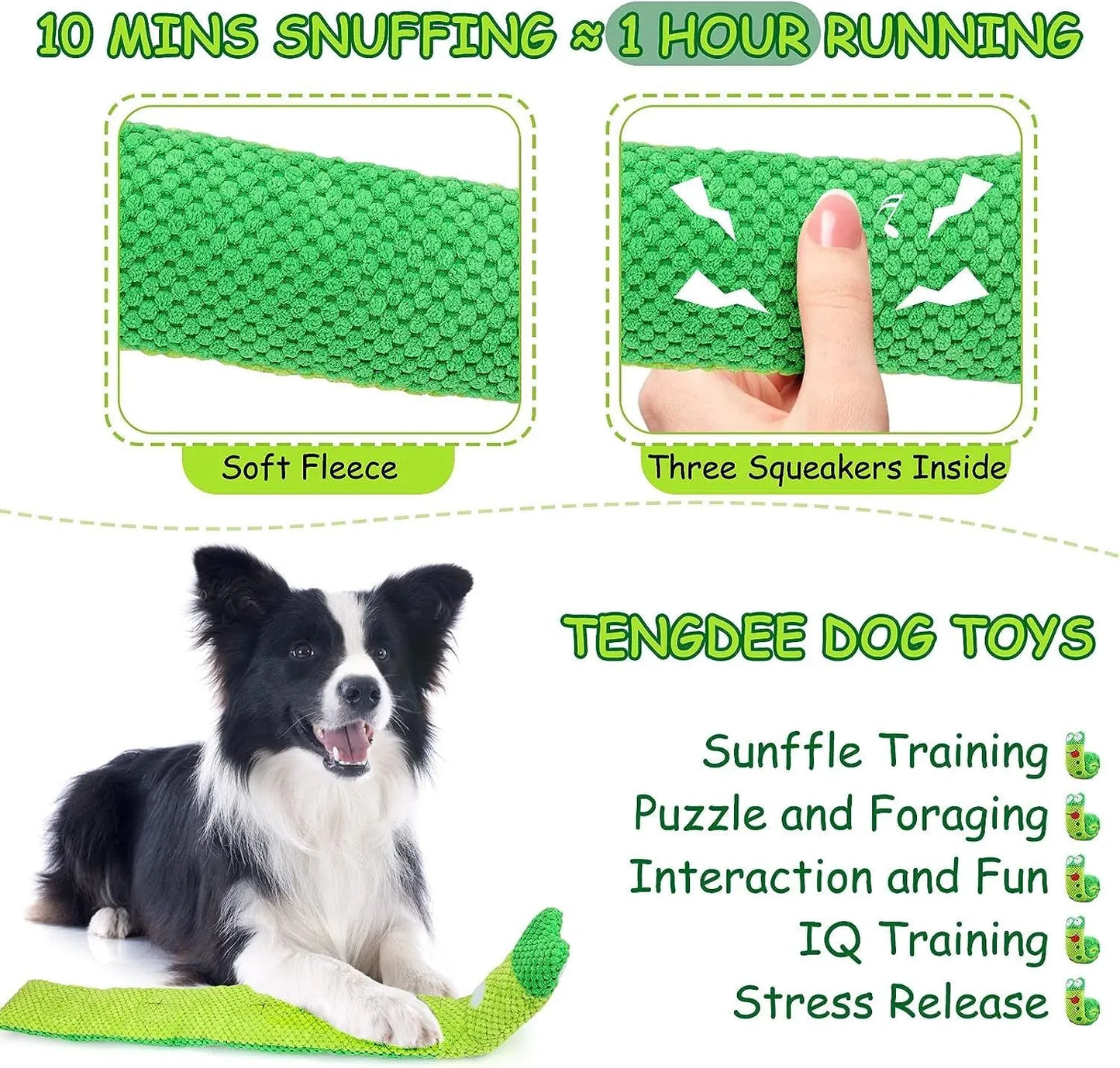 Squeak dog toy in snail or stick shape with hidden food holes for foraging training, measuring 7.5 cm by 7.2 cm