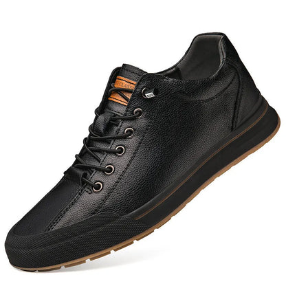 Men's white matte leather casual shoes with a round toe and 6cm flat heel, showing hollow-out detail on the upper.