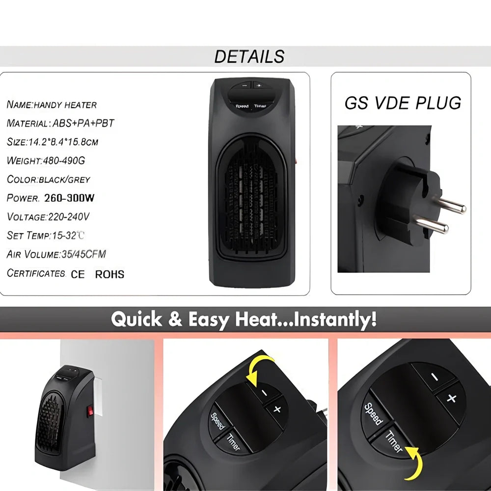 Compact white electric wall heater showing control buttons and ceramic heating element