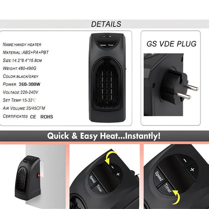 Compact white electric wall heater showing control buttons and ceramic heating element
