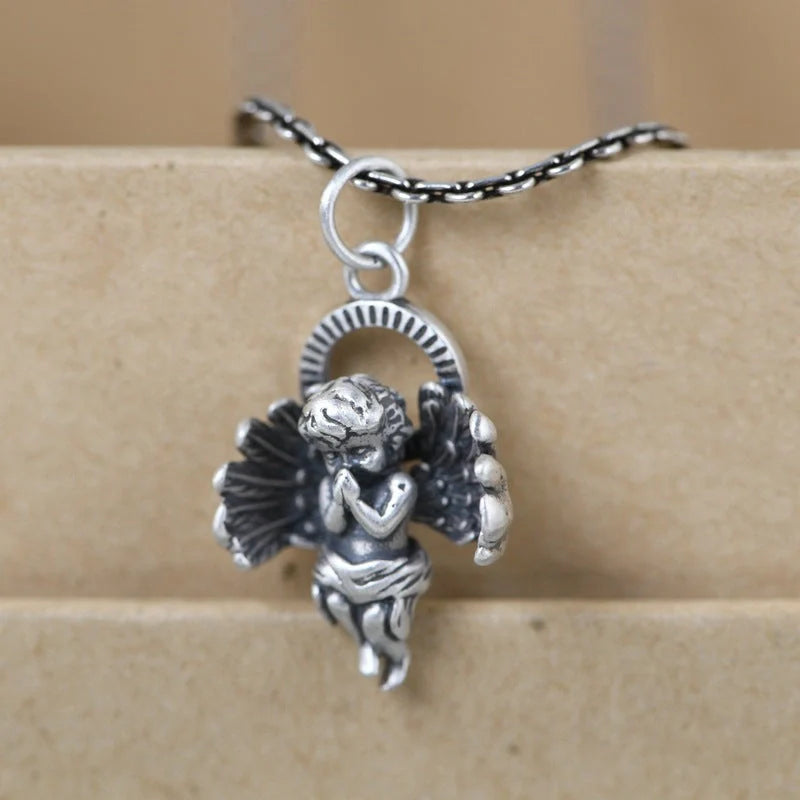 925 sterling silver angel necklace with retro chain, featuring a cupid angel pendant