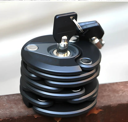 Black folding bicycle anti-theft chain lock, 585mm length with zinc alloy body and 3mm steel joints for secure bike protection